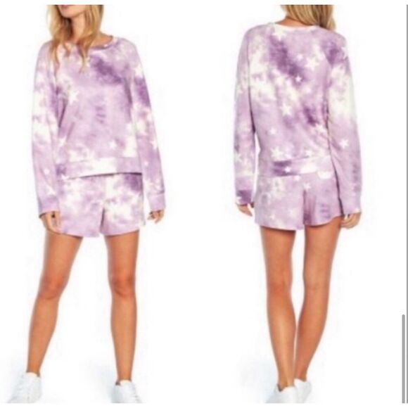Wildfox $160 Lounge Set Sweatshirt & Shorts Purple Tie Dye Stars XL NWT - Picture 1 of 6